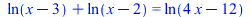 `+`(ln(`+`(x, `-`(3))), ln(`+`(x, `-`(2)))) = ln(`+`(`*`(4, `*`(x)), `-`(12))); 